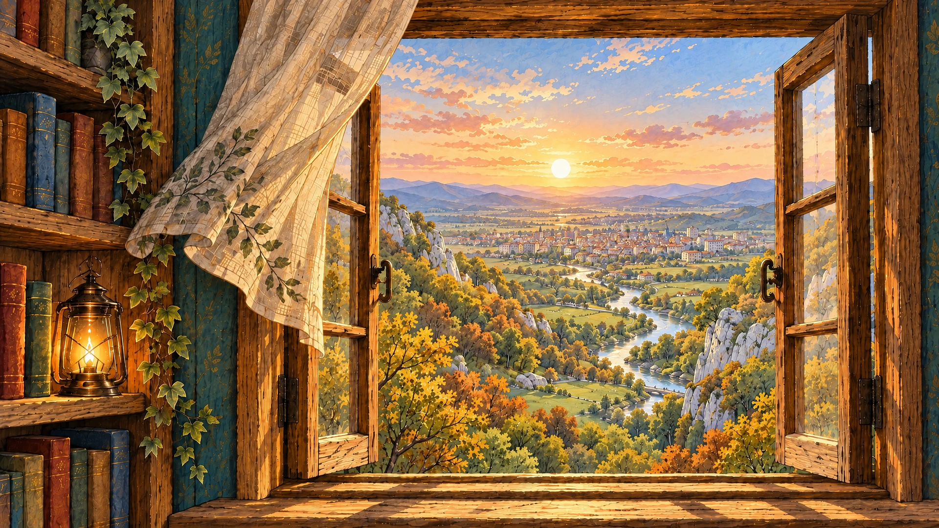 Desde la estancia de madera y libros, la ventana completa se abre al río y una ciudad lejana. El farol ilumina el interior mientras el sol desciende hacia el horizonte.