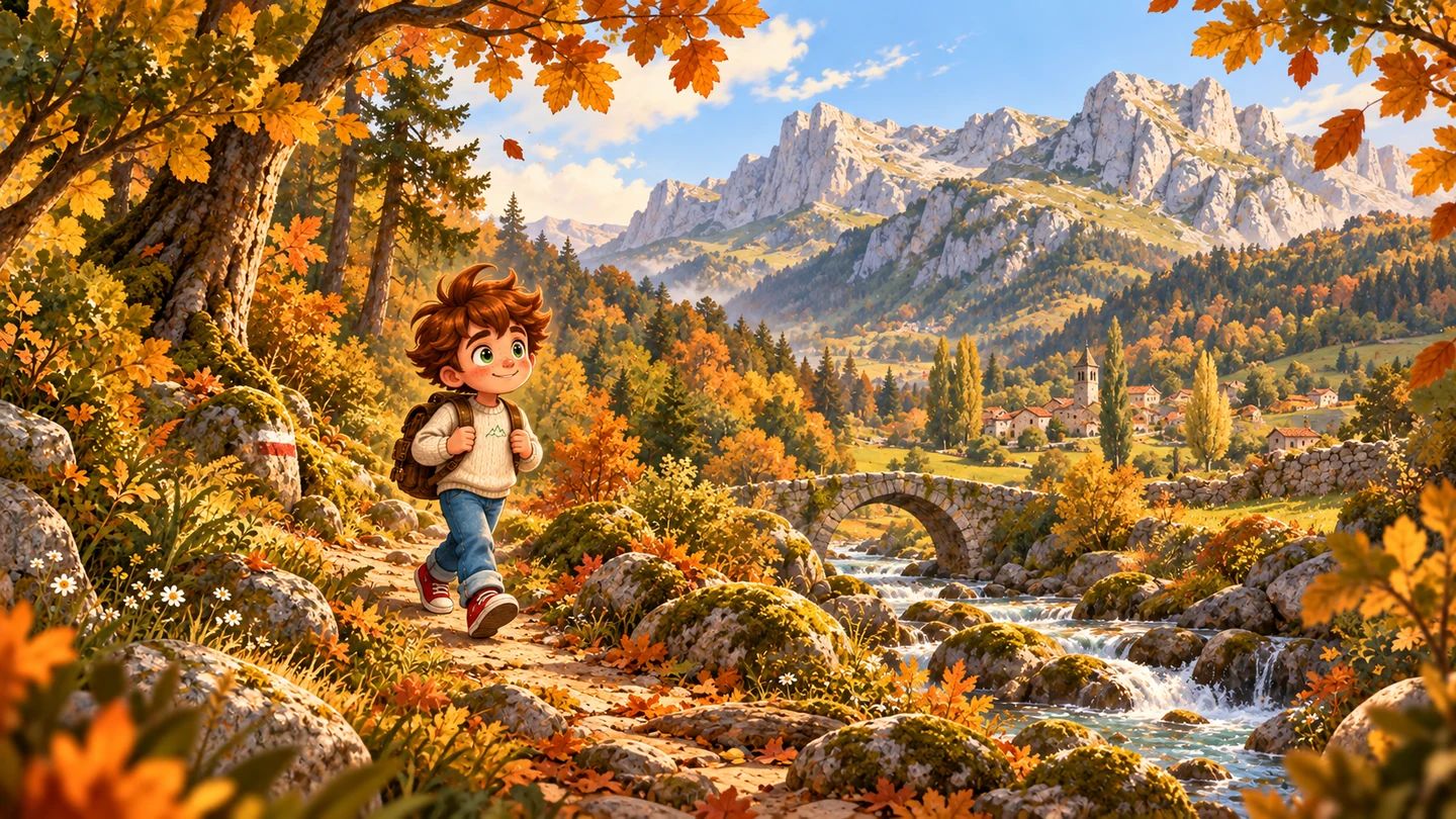 Un sendero de otoño baja junto a un río con pequeñas cascadas y un puente de piedra; al fondo, la aldea y las montañas.